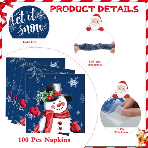 Faccito 100 Pcs Christmas Snowman Paper Napkins Winter Snowflake Cocktail Napkins Holiday Let It Snow Beverage Napkins for Xmas New Year Family Gatherings Dinner Party Decoration Supplies