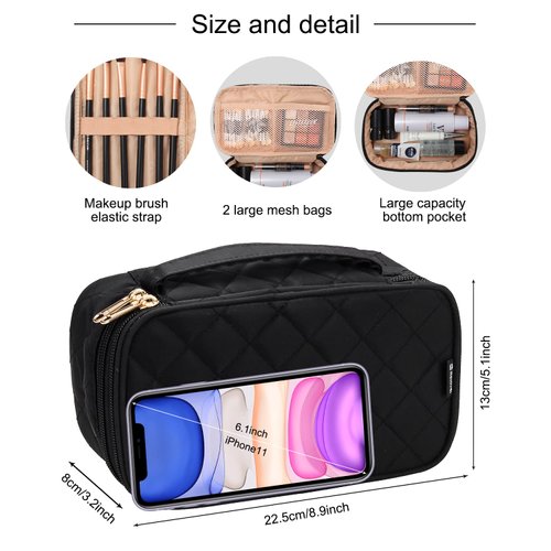 Relavel Small Makeup Bag, Travel Makeup Bag, Cosmetic Bag for Women, 2 Layer Travel Makeup Organizer, Black Make Up Pouch for Daily Use, Makeup Brush Holder, Waterproof Nylon, Durable Zipper (Black)