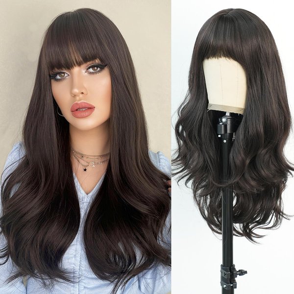 TRUMOST Long Black Body Wave Wig for Women - Synthetic Dark Color Wig with Bangs, Heat Resistant Natural Looking Wave Glueless Wig for Girls Daily Party Costume 26 inch