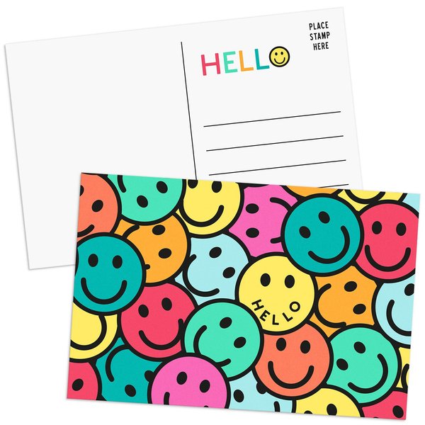 Sweetzer & Orange Hello Postcards Pack (60 Post Cards) 4x6 Postcards for Kids and Adults. 300gsm Note Cards. Blank Hello Greeting Cards, Smiley Face Hello Cards