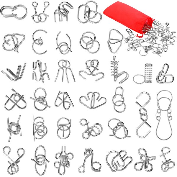 Yilloog Metal Brain Teaser Puzzles Set of 36 with Pouch, Steel IQ Games Physics Mind Metal Puzzles for Adults Basket Stocking Stuffers for Boys Girls Adults Challenge Gifts (Classic)
