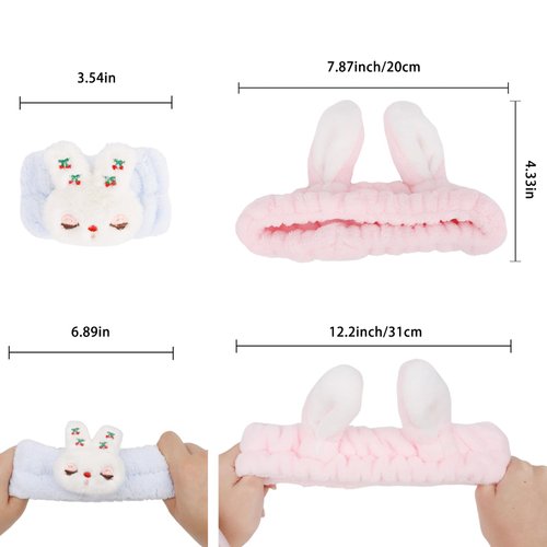 YISSION 6Pcs Face Wash Headbands and Wristbands Set Bunny Ears Headbands Spa Headband Makeup Headband Skincare Headbands with Wristbands for Women Girls Washing Face(Blue Pink)
