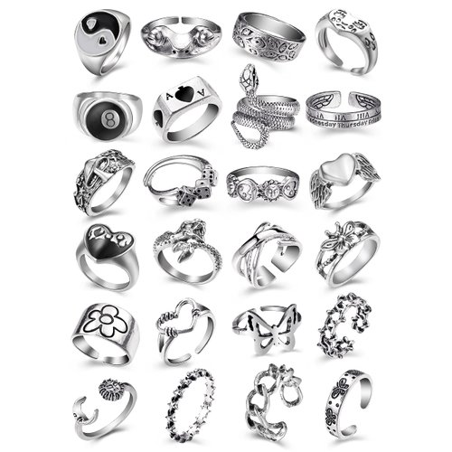 Vintage Silver Open Punk Rings for Men Women, 24PCS Adjustable Rings, Alt Rings, Chunky Silver Rings, Bulky Rings, Hippie Rings ,Cool Gothic Ring,Statement Stacking Ring, Skull Snake Star Flower Heart