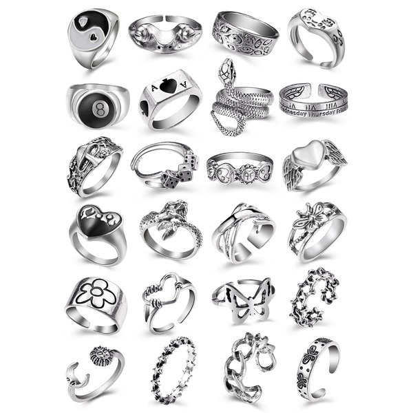 Vintage Silver Open Punk Rings for Men Women, 24PCS Adjustable Rings, Alt Rings, Chunky Silver Rings, Bulky Rings, Hippie Rings ,Cool Gothic Ring,Statement Stacking Ring, Skull Snake Star Flower Heart