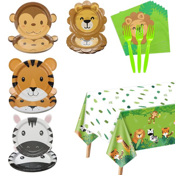 Jungle Safari Party Decorations - Include Animal Shaped Plates, Safari Tablecloth, Napkins, Forks, Safari Theme Party Supplies for Kid's Birthday, Baby Shower, Jungle Animal Theme Party, Serves 20