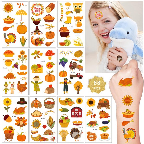 Y&C TENCOB Thanksgiving Day Waterproof Temporary Tattoos for Kids Boys Girls(Thanksgiving)