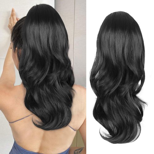 CHRSHN Ponytail Extension, Black Drawstring Ponytail Extension for Women Long Wavy Pony Tails Hair Extensions Synthetic Wavy Clip in Ponytail Hairpiece for Women 20 Inch