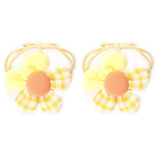 2PCS Fabric Flower Ropes Hair Band Ties Ponytail Holders Soft Elastic Bands with Flowers Accessories for Children Girls and Ladies (Yellow)