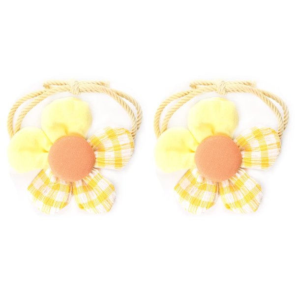 2PCS Fabric Flower Ropes Hair Band Ties Ponytail Holders Soft Elastic Bands with Flowers Accessories for Children Girls and Ladies (Yellow)