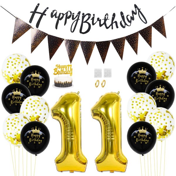 Daimay 11st Birthday Party Decorations Gold Black Happy Birthday Latex Confetti Balloons Triangle Flag Banner Number 11 Foil Balloon Cake Topper for Men Women Anniversary Birthday Party Supplies