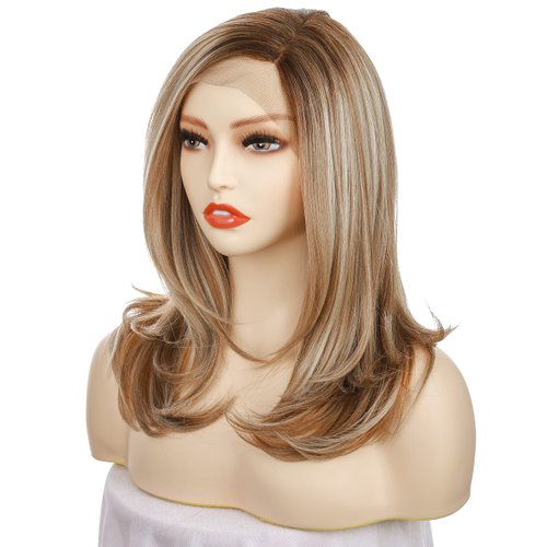 Onedor 18 Inch Kanekalon Futura Synthetic Hair 130% Density Straight Lace Front Side Part Long Wigs (Dark Natural Blonde Blended & Pale Golden Blonde with Dark Roots-OT8/386/624)