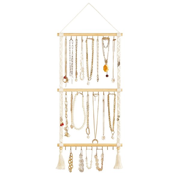 Dahey Hanging Jewelry Organizer Macrame Necklace Holder with 30 Hooks Wall Mounted Jewelry Hanger Over Door Necklace Rack with Tassel for Necklace Bracelet Earring Headband Bow Organizer