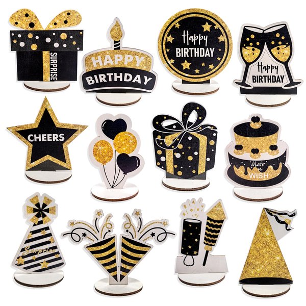 Happy Birthday Table Decorations & Centerpieces - 12-Piece Black & Gold Wooden Glitter Party Decor Set | Elegant & Reusable Birthday Supplies for Men, Women & Kids