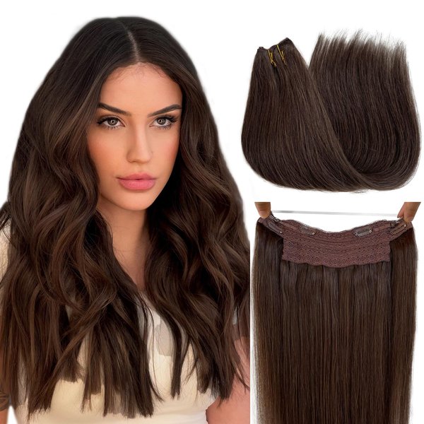 Halos Hair Extensions, 14Inch 70g Dark Brown Invisible Wire Halos Extensions Real Human Hair Fish Line Hair Extensions Straight Remy Human Hair Halos Extensions for Women