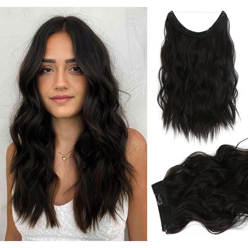 SHANGZI Halo Hair Extensions 20 Inch Invisible Wire Dark Brown Hair Extensions Adjustable Long Wavy Hair Extensions Synthetic Upgrade 4 Secure Clips in Hairpieces