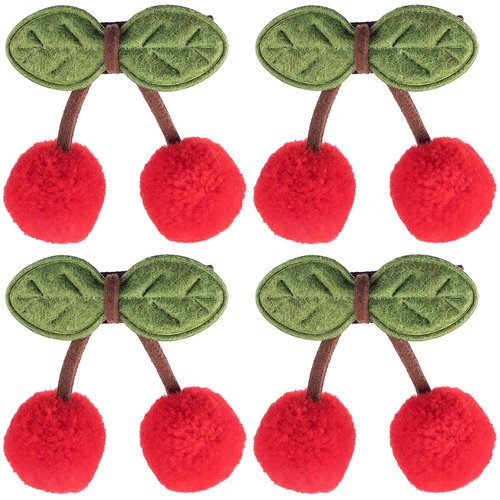 PAGOW 4PCS Cherry Hair Clips Ball Shape Kids Cute Sweet Pompom Hairpins Green Leaves Ornaments Christmas Valentines Birthday Gift for Women Girls