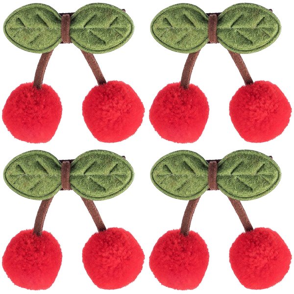 PAGOW 4PCS Cherry Hair Clips Ball Shape Kids Cute Sweet Pompom Hairpins Green Leaves Ornaments Christmas Valentines Birthday Gift for Women Girls