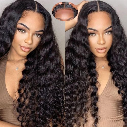 Glueless Wigs Human Hair Pre Plucked Pre Cut 5x5 Hd Lace Closure Wigs Wear and Go Deep Wave Curly Lace Front Wigs for Black Women Wet and Wavy Natural Hairline (Natural Black 5x5 Lace, 24 Inch)