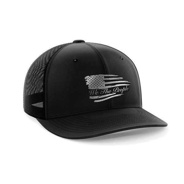 Torn We The People Black Leather Patch Hat (Black/Black) - Adjustable Trucker Hats with Snapback