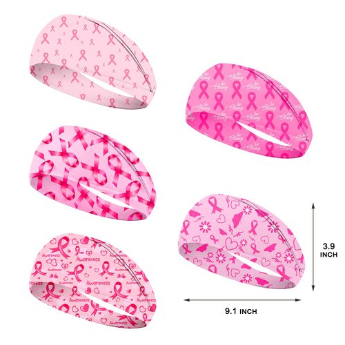 HIFANMM 5pcs Breast Cancer Awareness Headbands Pink Ribbon Elastic Wide Head Band Women Headwraps Non Slip Hair Accessories Sports Running Stretchy Twisted Hair Band