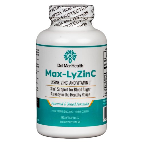 Del Mar Health Max-LyZinC: L-Lysine 1100mg + Zinc 6 mg + Vitamin C 100 mg - 3-in-1 Supplement for Maintaining Blood Sugar already in The healthy range - 180 Capsules / 3-day supply
