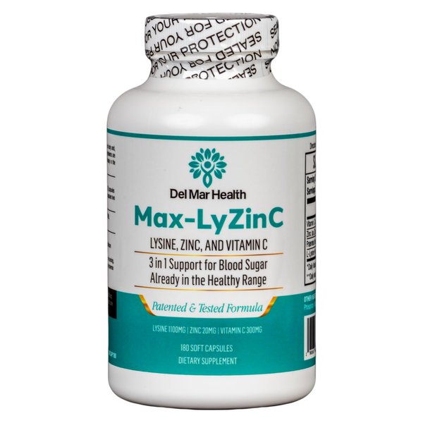Del Mar Health Max-LyZinC: L-Lysine 1100mg + Zinc 6 mg + Vitamin C 100 mg - 3-in-1 Supplement for Maintaining Blood Sugar already in The healthy range - 180 Capsules / 3-day supply