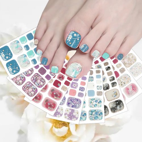8Sheets Glitter Toe Nail Stickers Decals Spring Summer Flower Nail Polish Strips Self-Adhesive Marble Design Gel Nail Strips Decals Supplies Semi Cured Toenail Wraps Polish Stickers Women DIY Manicure