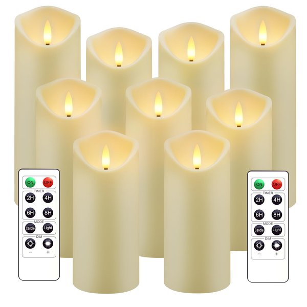 kakoya Flickering Flameless Candles, Battery Operated Acrylic LED Pillar Candles with Remote Control and Timer,Set of 9 (Ivory)
