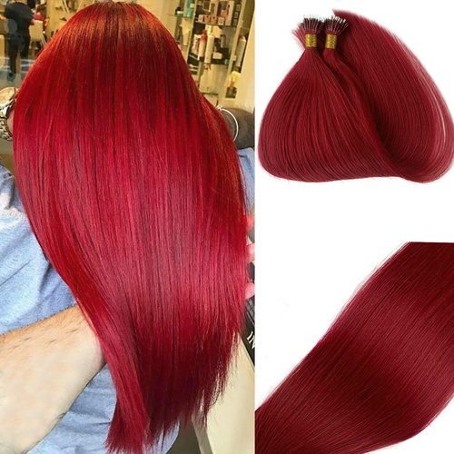Burgundy Nano Ring Hair Extensions Real Human Hair 22 Inch Burgundy Nano Bead Hair Nano Tip Human Hair Extensions Straight Soft Pre Bonded Tipped Hair Cold Fushion for Women 50g 50 Strands