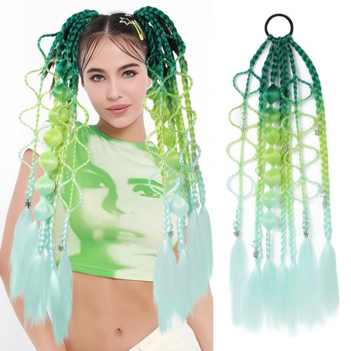 SEIKEA Colored Hair Extensions, Lightweight Colored Hair Extensions for Kids, Ombre Braided Bubble Ponytail Extension with Hair Tie, 24" Crazy Hair Day Accessories for Girls Festival Rave Braids S1