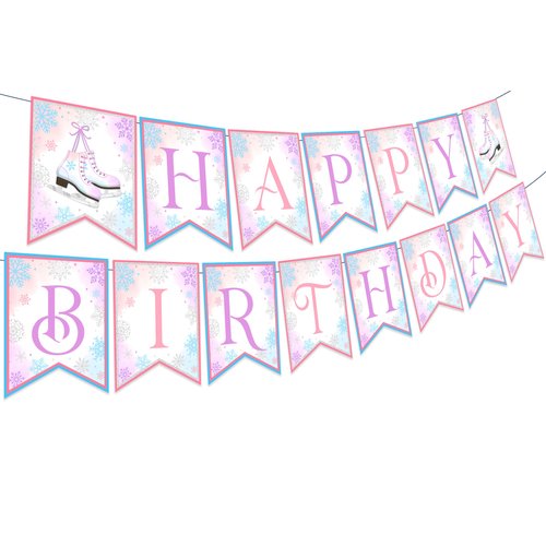 Kreatwow Ice Skating Birthday Party Decorations Pink Purple Ice Skating Snowflake Happy Birthday Banner for Winter Wonderland Decorations Girls Snowflake Birthday Party Decorations