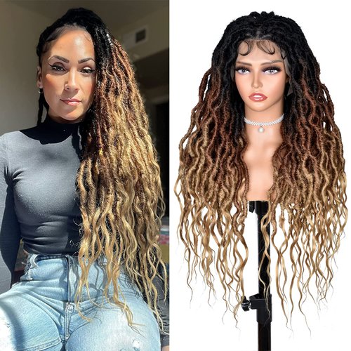 ANNISOUL Brown with Blonde Faux Locs Wigs for Black Women Curly Goddess Faux Locs Crochet Hair Full Lace Braid Wig with Baby Hair Braided Wig Goddess Dreadlock Wig
