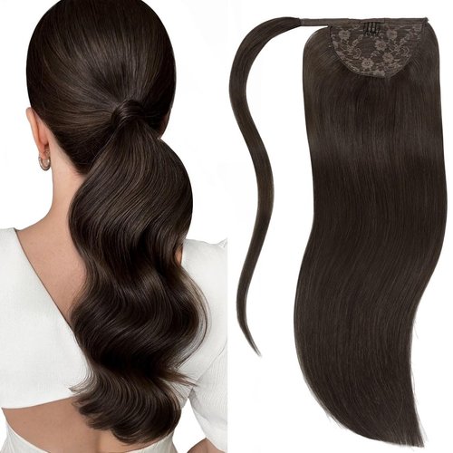 Lacerhair Dark Brown Human Hair Extensions Ponytail Natural Wrap Around Straight Ponytail Extension Human Hair Real Hair Piece 14 Inch Short Ponytail Extension 70 Grams