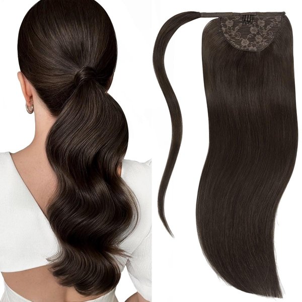 Lacerhair Dark Brown Human Hair Extensions Ponytail Natural Wrap Around Straight Ponytail Extension Human Hair Real Hair Piece 14 Inch Short Ponytail Extension 70 Grams