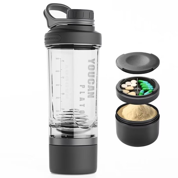 21oz Protein Shaker Bottle with Powder Storage Container-Shaker Cups for Protein Shakes-pre workout bottle-Mixer Cup-Gym Sport Water Bottle -Made with Tritan BPA Free,with Wire Whisk Balls (Black)