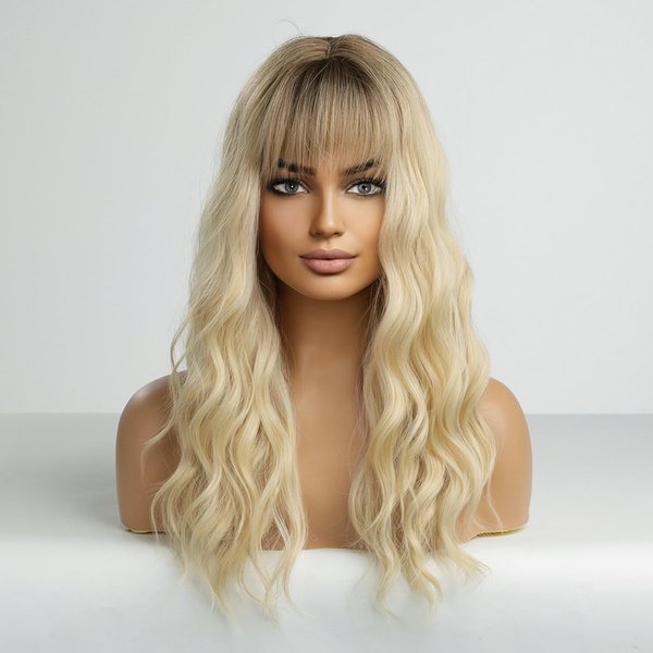 BERON Blonde Womens Wig Middle Length Curly Hair Wig with Bangs Girls Ombre Blonde Wavy Heat Resistant Synthetic Wigs for Cosplay or Daily Used