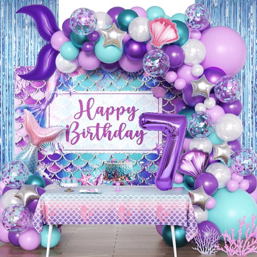 Mermaid 7th Birthday Party Decorations,125pcs Mermaid Balloon Garland Arch Kit Included Mermaid Tail Shell 40 Inch Purple Number 7 Balloons for Mermaid Birthday Party Supplies Girl's 7th Birthday