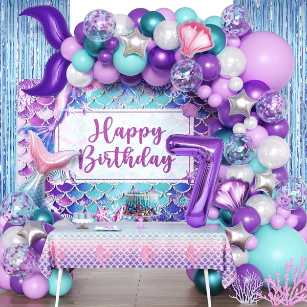 Mermaid 7th Birthday Party Decorations,125pcs Mermaid Balloon Garland Arch Kit Included Mermaid Tail Shell 40 Inch Purple Number 7 Balloons for Mermaid Birthday Party Supplies Girl's 7th Birthday