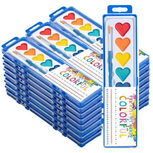 24 Pack Watercolor Paint Set, Washable Water Color Kids Paint Set with Paintbrush for Toddlers Adults, Art Supplies for Preschool Classroom Party Favor Valentines Gifts