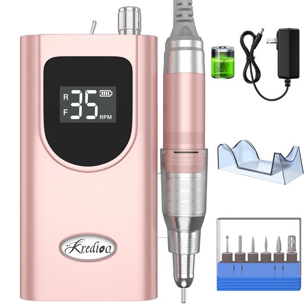 Kredioo Nail Drill, 35000RPM Nail Drills for Acrylic Nails Professional Electric File Rechargeable Portable Efile Machine 6 Bits Kit with Sanding Bands for Manicure Pedicure Remove Gel Polish