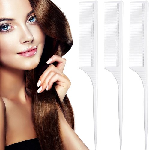 Leinuosen 3 Pack Tail Comb Carbon Fiber Rat Tail Styling Comb Heat Resistant Anti Static Teasing Comb for Back Combing Root Teasing Adding Volume Evening Styling (White)