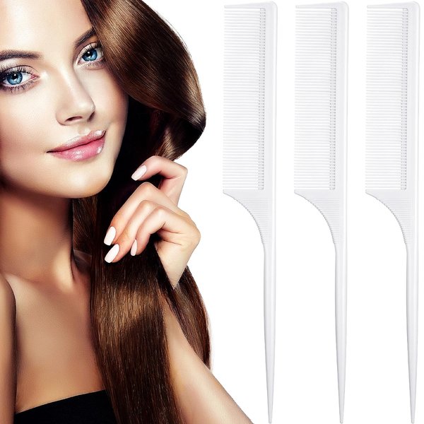 Leinuosen 3 Pack Tail Comb Carbon Fiber Rat Tail Styling Comb Heat Resistant Anti Static Teasing Comb for Back Combing Root Teasing Adding Volume Evening Styling (White)