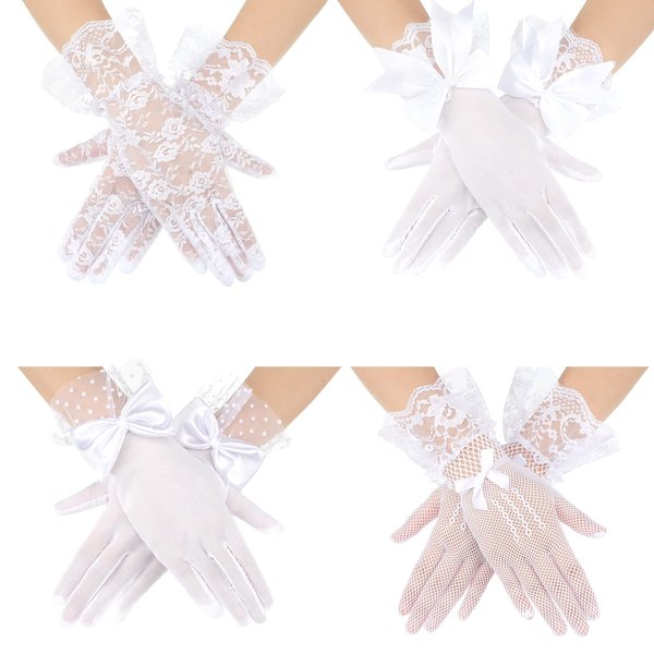 4 Pairs Lace Gloves Women Elegant Short Gloves Tea Party Gloves Vintage Gloves Summer Gloves for Women Girls Halloween (White)