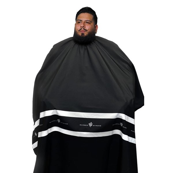 Barber Strong The XL Barber Cape Haircut Cover for Men, 60" Width x 70" Long, Extra Wide Stretch Comfort Neck Closure, Hair Repelling and Static-Reducing, Water Resistant - Black