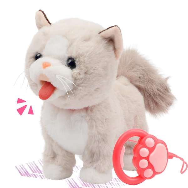 Easfan 12’’ Walking Kitty Electric Interactive Talking Musical Cat Plush Toy with Remote Control Leash Meowing Tail Wagging Christmas Birthday Gift for Kids Toddlers,Beige