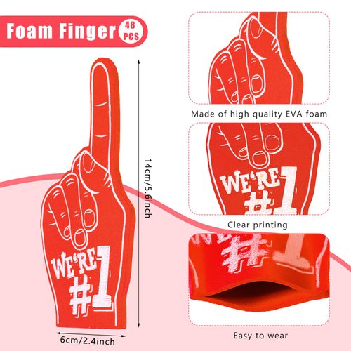 48 Pieces Mini Foam Fingers 5.6 Inch Foam Hand Cheerleading Foam Fingers for Sports Cheer School Spirit Craft Foam Fingers for Sports Events Games Party Supplies (Red, We're #1)