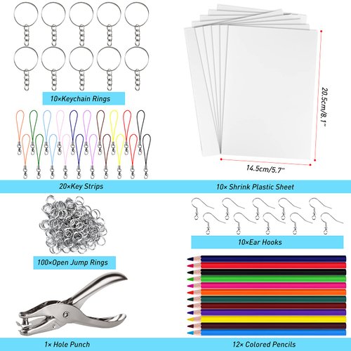 ASTARON 168 Pcs Shrinking Plastic Sheets Kit Includes 15 Shrinking Film Art Paper, Hole Punch, 12 Colored Pencils and 140 Pcs Shrinkles Keychain Jewelry Making Accessories for Kids Craft Supplies