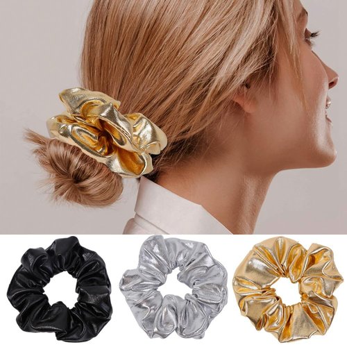 12 Pcs Faux Leather Jacket Cheer Hair Scrunchies For Thick Hair School Performance Scrunchy Sports Ponytail Holder Wrist for Girls Cosplay Show (Gold)