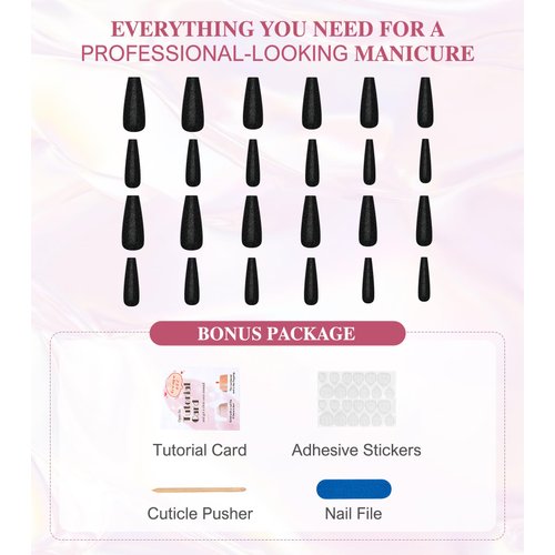 Black Press On Nails Coffin - Aegenacess Press On Nails Long with Glue Stickers, Glitter Stick On Nails for Women, Light Weight Glue On Nails in 12 Sizes, 24pcs Fake Nail Kit