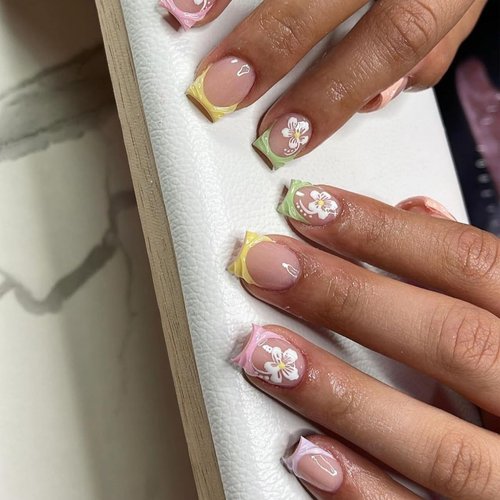 Embossed Water Ripples Press On Nails French Tip Summer Cute Fake Nails Acrylic Square False Stick on Nails Hibiscus Floral Full Cover Acrylic Nails Press ons Glue on Nails for Women Girls Manicure